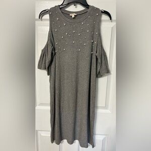 Hem and Thread Gray Pearl Accent Cold Shoulder Bell Sleeved Sweater Dress